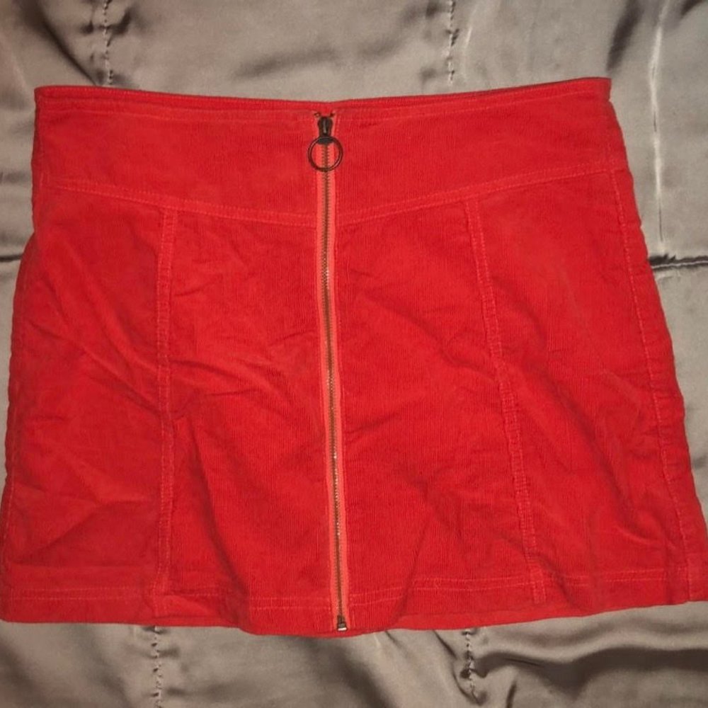 red corduroy zip-up skirt